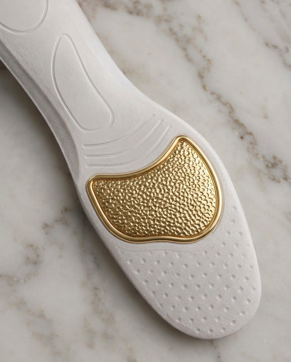 Macro close-up of the gold metatarsal patch on the underside of a TarsalGold insert