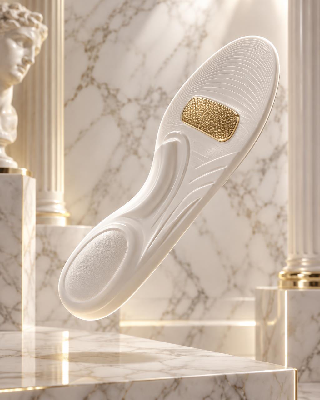 TarsalGold foot insert floating on polished marble, showing the gold underside patch beneath the ball of the foot